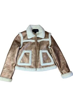 French Connection Metallic Bronze Faux Shearling Moto Jacket Size M